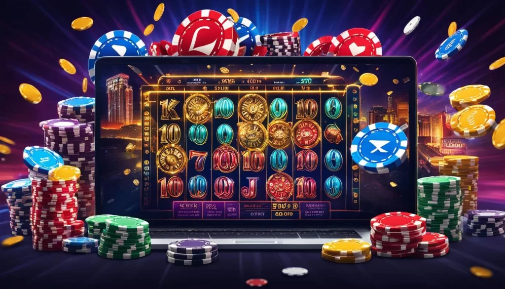 Hình ảnh minh họa sự đa dạng của các trò chơi slot tại 8us link vào, với nhiều màn hình game khác nhau hiển thị các chủ đề từ cổ điển đến hiện đại, kết hợp màu xanh lá cây và vàng đặc trưng của 8us.